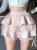 Rokken Kawaii Witte Ruche Minirok Vrouwen Zomer Hoge Taille Bandage Fairycore Kant Dubbellaags Koreaanse Mode Leuke Sexy