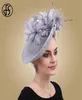 FS Fascinators Grey Sinamay Hat With Feather Fedora For Women Derby Cocktail Party Bridal Ladies Church Hats 2208131768810