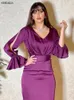 Ethnic Clothing Siskakia Muslim Evening Dress Women Elegant Purple Satin Maxi Dresses Dubai V Neck Slit Long Sleeve Slim Belt Party Clothes