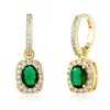 Boucles d'oreilles pendantes élégantes pavées glacées CZ ovale vert simulé pierre émeraude goutte plaqué or cadeau pour femmes filles