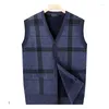 Men's Vests 2024 Men Autumn Winter Fashion Sweater Cardigan Vest Male Warm V-neck Knitted Waistcoat Plaid Sleeveless Jackets D665