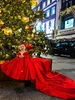 2024 Abito da ragazza di fiore rosso scollo a V maniche lunghe fiocco grande treno di raso festa di Natale abiti di compleanno comunione bambini ragazza abiti da spettacolo