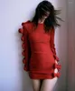 Casual Dresses Red Hollow Bow Bandage Dress Women 2023 Sexig långärmad O Neck jul kväll mini mode bodycon outfits bd2460