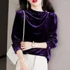 Women's Blouses French Style Vintage Half High Collar Blouse Clothing Basic Solid Color Autumn Winter Velvet Fashion Folds Button Shirt
