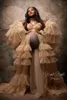 Вечерние платья размера плюс, платье Poshoot цвета шампанского для беременных, милое многослойное платье с оборками для выпускного, фатиновое платье макси с длинными рукавами