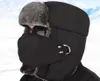 Vintage hiver coton fourrure chapeau Bomber chapeaux pour hommes femmes garder au chaud oreillette épaissir cagoule crâne casquettes de Ski avec masque unisexe Trappe6427137