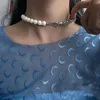 Correntes MinaMaMa Aço Inoxidável Fuax Pearl Chain Colar para Mulheres Handmade Beads Curto Gargantilha Colares Hip Hop Jóias