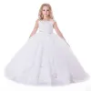 Simple Long Ivory Flower Girl Dresses Jewel Neck Tulle Sleeveless Lace Appliques with Sash Ball Gown Floor Length Custom Made for Wedding Party