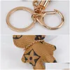 Key Rings Rabbit Bunny Keychains Women Cute Brown Flower Plaid Pu Leather Car Keyrings Holder Fashion Design Bag Chains Jewelry Access Dhawi