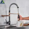 Kökskranar Rozin Black and Rose Golden Spring Pull Down Sink Faucet Cold Water Mixer Crane Tap med Dual Spout Deck monterad 231211