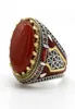 Turquie bijoux hommes bague avec pierre d'agate naturelle rouge 925 argent Sterling Vintage roi couronne CZ émail anneaux pour femmes mâle cadeau 217805146