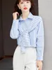 Blusas femininas listra capa manga longa lapela botão camisa azul mulheres topos primavera outono escritório senhora elegante fino ajuste coreano blusa casual