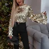 Women's Blouses Elegant Long Sleeve Loose Shiny Christmas Lady Sequins Flare Sleeves Short Tops Women Shirts Fashion Sexy O-Neck Clothes