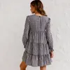 Casual Dresses Autumn Products Round Neck Plaid Back Hollow Pleated Loose And Thin A-line Ruffled Long-sleeved Dress