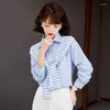 Blusas femininas listra capa manga longa lapela botão camisa azul mulheres topos primavera outono escritório senhora elegante fino ajuste coreano blusa casual