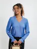 Camicette da donna Wsevypo Office Lady Blu Primavera Autunno Manica lunga Volant Trim Scollo a V Camicie casual Lavoro Daily Chic Camicetta semplice