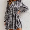 Casual Dresses Autumn Products Round Neck Plaid Back Hollow Pleated Loose And Thin A-line Ruffled Long-sleeved Dress