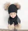 4 Pieces Pompom Hat Scarf Kids Winter Beanie Boys Girls Winter Cap Children Real Fur Pompom Hats Baby Knitted Hat and Scarf Set LJ1287935