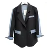Kadın Suits Khaki Siyah Denim Patchwork Blazer Ceket Kadınlar Büyük Cep Çift Kelime Çifte Out Giyim Kadın Kore Gevşek Kot Plicing Suit