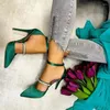 Dress Shoes Sexy Pointy Toe Stiletto Heels Rhinestones Ankle Strap Pumps Green Satin Hollow Shallow Cover Celebrating