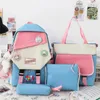 Backpack Kawaii 4-piece Set Fashion Women's Trend Badge Canvas School Bag For Girls Cute Pendant Contrast Color Shoulde
