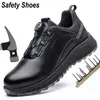 Stövlar Amawei Rotary Buckle Work Protective Shoes Läder Säkerhetsskor Punkteringssäkra Anti-Smash Steel Toe Shoes Work Boots Män kvinnor 231211