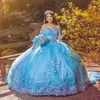 Abiti Quinceanera lucidi blu cielo per ragazze dolci 16 Perline Appliques Abiti da ballo principessa Sweetheart Lunghezza pavimento Tull 15 Abiti