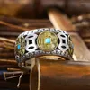 Cluster Rings 925 Silver Inlaid Copper Coin Turquoise Rotating Mens Vintage Ethnic Style Classic Masculinity Banquet Jewelry Opening