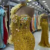 2024 ASO EB GOLD MERAMID PROM Kleid Kristalle Paillettenspitzen Abend formelle Party Zweiter Empfangsgeburtstag Verlobungskleider Kleider Robe de Soiree ZJ02