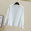 Kvinnors blusar Tidig Autumn V Neck Chiffon Lace Shirt 2023 Elegant Loose White Blue Long Sleeve Ladies Simple Tops 28559