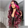 Syntetiska peruker 36 -tums ombre rosa färg kroppsvåg peruk mänskligt hår före plockad 13x4 syntetiska spetsar främre peruker för droppleverans hårprod dh09n
