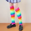 Women Socks 80s Retro Party Ribbed Knit Rainbow Multicolor Striped Foot Cover Sleeve Ballet Dance Sport Knee High