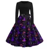 Lässige Kleider Halloween Print Flare Kleid für Frauen Langarm Hohl Party Abend Maxi 2023