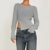 Chandails pour femmes Chronstyle Femmes Automne Tops Courts Couleur Solide Côtelée À Manches Longues Côté Split Ourlet Slim Tricots Pulls Jumpers