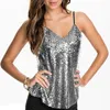 Women's Tanks Low-cut Sequin Top Backless Tank For Women Adjustable Spaghetti Strap V Neck Camisole Shiny Solid Color Loose