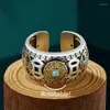 Cluster Rings 925 Silver Inlaid Copper Coin Turquoise Rotating Mens Vintage Ethnic Style Classic Masculinity Banquet Jewelry Opening