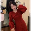 Casual Dresses Women Solid Bow Sticke Dress Lady Elegant Slim Fit Sweater Long Robe Autumn Fashion Party Club Lantern Sleeve Knit V43