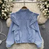 Women's Blouses French Chic Women Blouse Sales Flounced Edge Striped Turn-down Collar Long Puff Sleeve Shirts Autumn Casual Female Tops