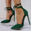 Dress Shoes Women Pumps Pointed Toe Gladiator Stiletto Heel Suede Dark Green Ankle Strap High Heels