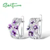 SANTUZZA Silver Earrings For Women Genuine 925 Sterling Silver Delicate Charming Purple Flower Fine Jewelry Handmade Enamel CX2006259e