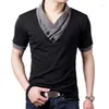 Men's Suits B1814 Slim Short Sleeve Patchwork V Neck Cotton Black T Shirt Men Button Tops & Tees