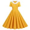 Casual Dresses Summer For Women 2023 V Neck kortärmad fast färg Retro dubbelbröst Big Swing Dress Kvinna Vestidos