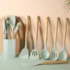 Set di stoviglie Set di utensili da cucina in silicone da cucina con manico in legno chiaro Pennello e forchetta antiaderenti da 12 pezzi