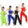 Stage Wear Girls Kids Child Latin Dance Clothes Tango Samba Salsa Costumes Blue Black Red Fringe Ballroom Top Pants Set