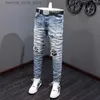 Men's Jeans High Street Fashion Men Jeans Retro Light Blue Elastic Stretch Skinny Ripped Jeans Men Patch Designer Hip Hop Brand Pants Hombre Q231213