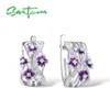 SANTUZZA Silver Earrings For Women Genuine 925 Sterling Silver Delicate Charming Purple Flower Fine Jewelry Handmade Enamel CX2006259e