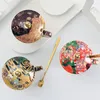 Coffeware ustawia kubek do kawy z pokrywką i łyżką Chiny Antient Klimt Malowanie filiżanek herbaty z LID Luksusem 231212
