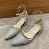 Sapatos de vestido moda brilhante quadrado salto alto senhora pontiaguda tiras de tornozelo ouro prata