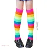 Women Socks 80s Retro Party Ribbed Knit Rainbow Multicolor Striped Foot Cover Sleeve Ballet Dance Sport Knee High