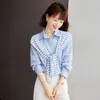 Blusas femininas listra capa manga longa lapela botão camisa azul mulheres topos primavera outono escritório senhora elegante fino ajuste coreano blusa casual